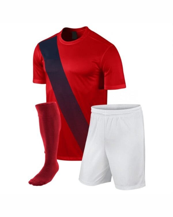 Red and navy soccer jersey with white shorts and red socks